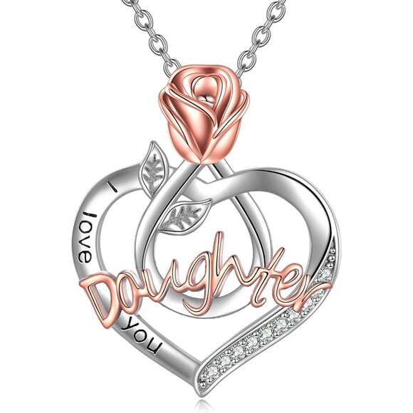 Sterling Silver Daughter Necklace with Rose Flower - Elegant Gift for Daughter